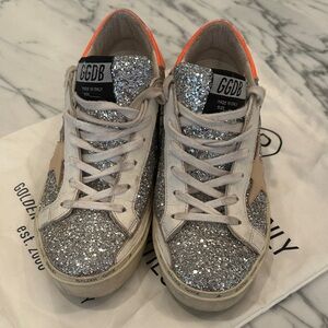Golden Goose Silver Glitter and Tan Sneakers